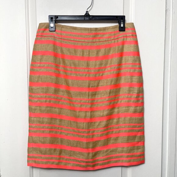 J.Crew Linen Blend Pencil Skirt Coral & Tan Stripes Size 6 - Picture 10 of 12